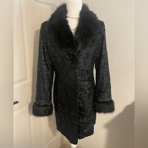 Vintage Bebe Black Crushed Velvet Coat with Faux Fur Trim - Medium